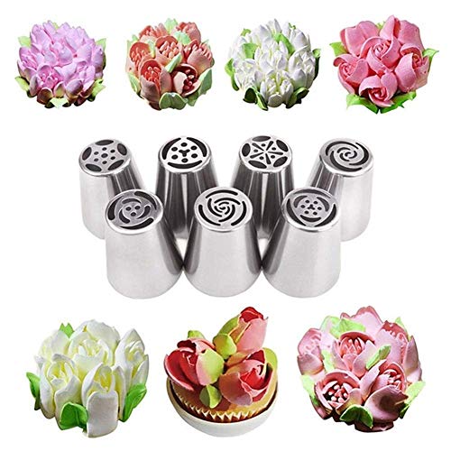 Wghz Suministros de decoración de Pasteles Profesionales 7PCS/Set Acero Inoxidable Russian Tulip Icing Piping Cake Boquillas Crema Pastelería Decoración Set Cake Cupcake Confeitaria Icing Spatu