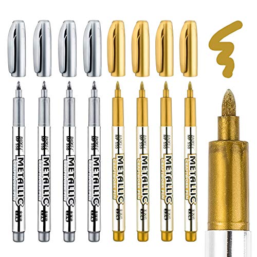 Whaline 8 Rotuladores Metálicos, Marcadores Metálicos Permanentes Plumas para Pintura, Tarjetas, Escritura, Firma, Superficie de Cristal con Letras, 1.5 mm Punta Fina (4 Dorado + 4 Plateado)