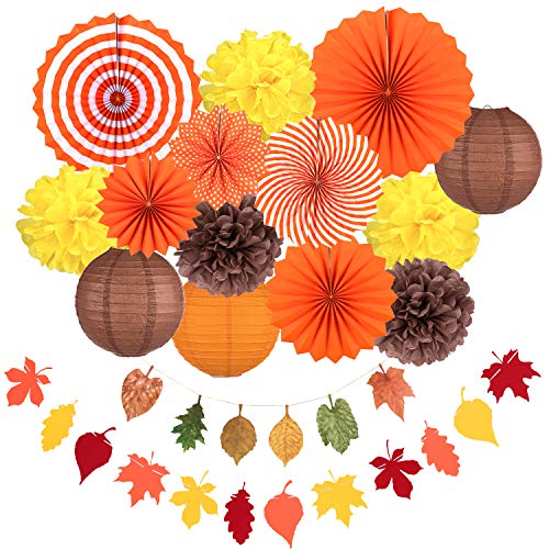 Whaline Decoraciones para Fiestas de Otoño, Abanicos de Papel Colgantes Naranjas Pompones de Papel Linternas de Papel Hojas de Arce Guirnaldas de Empavesado para la Celebración de Otoño (16 Piezas)