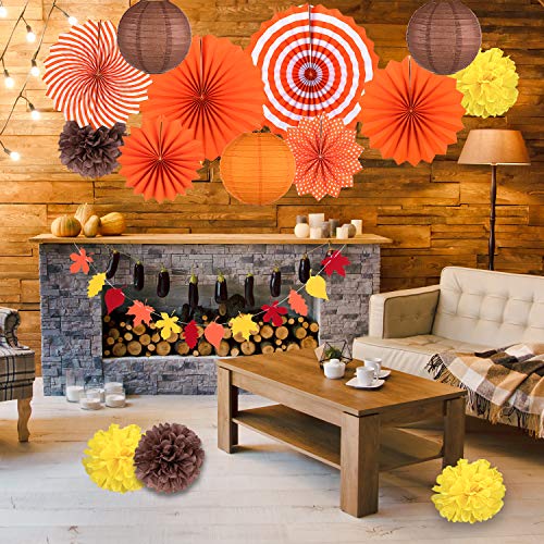 Whaline Decoraciones para Fiestas de Otoño, Abanicos de Papel Colgantes Naranjas Pompones de Papel Linternas de Papel Hojas de Arce Guirnaldas de Empavesado para la Celebración de Otoño (16 Piezas)