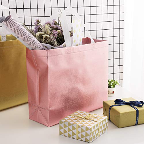 Whaline Juego de 12 Bolsas Reutilizables Supermercado con Asa, Bolsa de Regalo No-tejida,Bolsa de Compras,Bolsa de Promoción, para Fiestas,Eventos,Bodas,Cumpleaños(Oro Rosa, Oro, Plateado)