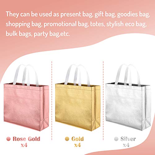 Whaline Juego de 12 Bolsas Reutilizables Supermercado con Asa, Bolsa de Regalo No-tejida,Bolsa de Compras,Bolsa de Promoción, para Fiestas,Eventos,Bodas,Cumpleaños(Oro Rosa, Oro, Plateado)