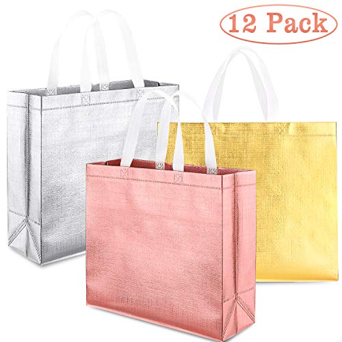 Whaline Juego de 12 Bolsas Reutilizables Supermercado con Asa, Bolsa de Regalo No-tejida,Bolsa de Compras,Bolsa de Promoción, para Fiestas,Eventos,Bodas,Cumpleaños(Oro Rosa, Oro, Plateado)