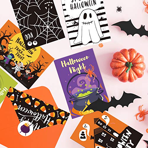 Whaline Paquete de 18 tarjetas de felicitación de Halloween con sobres adhesivos – búho, calabaza, bruja, fantasma, cementerio, araña para truco o tratamiento, regalos de fiesta, 5 x 7 pulgadas