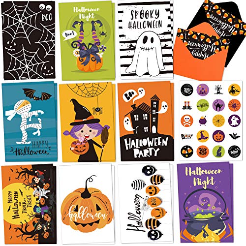 Whaline Paquete de 18 tarjetas de felicitación de Halloween con sobres adhesivos – búho, calabaza, bruja, fantasma, cementerio, araña para truco o tratamiento, regalos de fiesta, 5 x 7 pulgadas