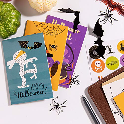 Whaline Paquete de 18 tarjetas de felicitación de Halloween con sobres adhesivos – búho, calabaza, bruja, fantasma, cementerio, araña para truco o tratamiento, regalos de fiesta, 5 x 7 pulgadas