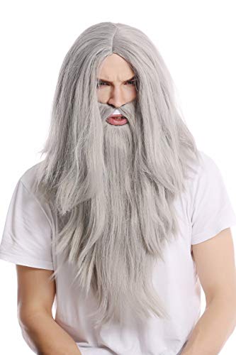 WIG ME UP- PW0210-ZA68E Peluca Lisa Larga & Barba Carnaval Color Gris Mago profeta Motero Mayor