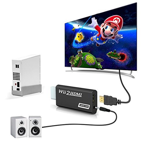 Wii a HDMI adaptador, gana Wii a HDMI convertidor conector con salida de vídeo de 1080p/720p y 3,5 mm Audio - Soporta todos los modos de visualización de Wii (Wii a HDMI Negro)