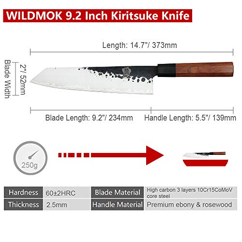 Wildmok Kiritsuke - Cuchillo profesional (23,5 cm, 3 capas, 10Cr15CoMoV, mango octagonal de acero, mango de palisandro, 23,5 cm)