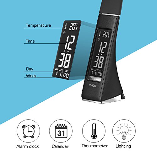 WILIT U2 LED Lámpara de Escritorio de Negocios, Lámpara de Mesa con pantalla regulable, Reloj Despertador, Calendario, Indicador de Temperatura, 5W, Negro