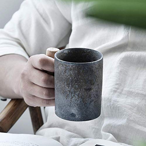 WILLBAN Taza de café de cerámica vintage de estilo japonés con mango de madera, taza de agua para el hogar y la oficina (3B)