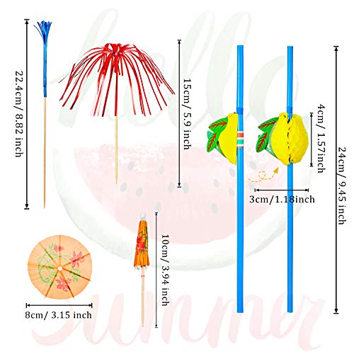 WILLBOND 200 Decoraciones de Fiesta de Cóctel, Incluye 100 Palillos de Palmera, 50 Palillos de Mini Paraguas y 50 Pajitas de Frutas 3D para Decoración de Fiesta Tropical Hawaiana, Color Mezclado