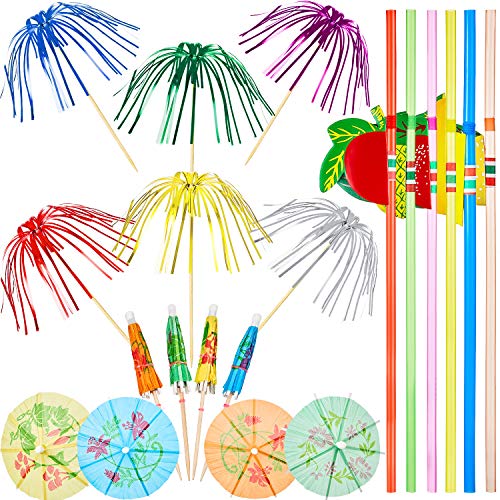 WILLBOND 200 Decoraciones de Fiesta de Cóctel, Incluye 100 Palillos de Palmera, 50 Palillos de Mini Paraguas y 50 Pajitas de Frutas 3D para Decoración de Fiesta Tropical Hawaiana, Color Mezclado