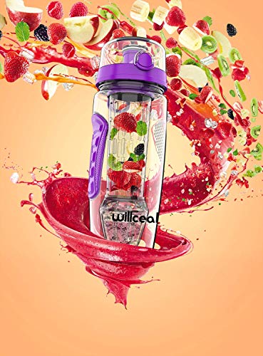 willceal Infusor de Frutas Botella de Agua de 32 oz,Durable con Bola de Gel de Hielo Desmontable, Grande - Tritan Libre de BPA, Tapa abatible, diseño a Prueba de Fugas - Deportes, Camping (Púrpura)