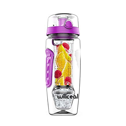 willceal Infusor de Frutas Botella de Agua de 32 oz,Durable con Bola de Gel de Hielo Desmontable, Grande - Tritan Libre de BPA, Tapa abatible, diseño a Prueba de Fugas - Deportes, Camping (Púrpura)