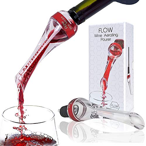 WINE AERATOR POURER Aerate Wines in Seconds - Professional Red Wine Aerating Non Drip Pourer with Integrated 150 Degree Pouring Spout For Easy Decanting - A Great Bar Gadget & Gift From FLOW Barware