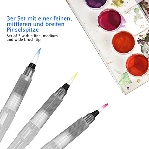 WINTEX set de 3 pinceles de agua (punta fina, media y gruesa) con depósito de agua rellenable - water brush, pincel con depósito de agua, pincel de acuarelas, acuarelas caligrafía