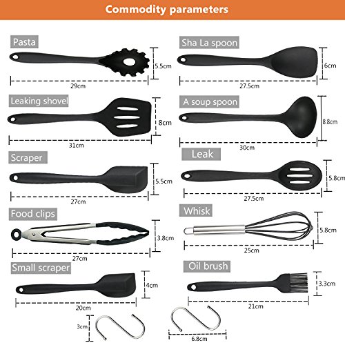 WisFox 10 uds Utensilios de Cocina de Silicona, Utensilios de Cocina de Silicona, Herramientas antiadherentes para Hornear en la Cocina 10 Juegos + 10 Ganchos S-Negro