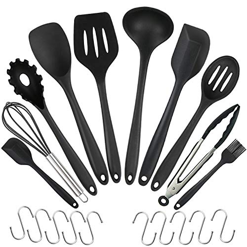 WisFox 10 uds Utensilios de Cocina de Silicona, Utensilios de Cocina de Silicona, Herramientas antiadherentes para Hornear en la Cocina 10 Juegos + 10 Ganchos S-Negro