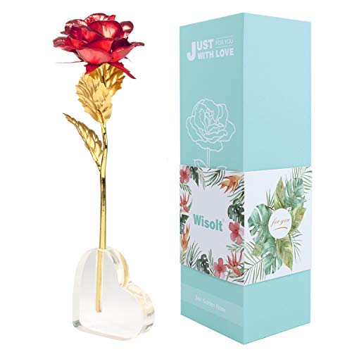 Wisolt 24K Gold Rose, Nuevo Upgraded Long Stem Gold Foil Rose con Soporte en Forma de corazón, Unique Gifts for Her, Niñas, Esposa, Mamá(Rojo)