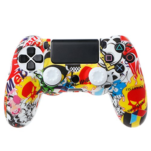 wjf Cubierta Protectora de PS4 Controller, 1 Cubierta Protectora de la empuñadura Juego de Silicona Suave + 2 joysticks Blancos, de Color Inglés Filología, Controlador para PS4