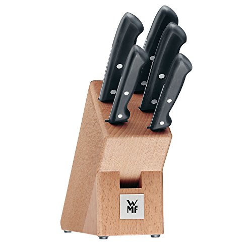 WMF Classic Line Juego de 5 Cuchillos con Soporte de Madera, Hoja de Acero Templado con Filo de Larga Duración