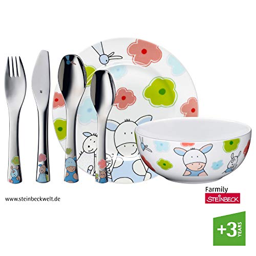 WMF Farmily - Vajilla para niños 6 piezas, incluye plato, cuenco y cubertería (tenedor, cuchillo de mesa, cuchara y cuchara pequeña) (WMF Kids infantil)