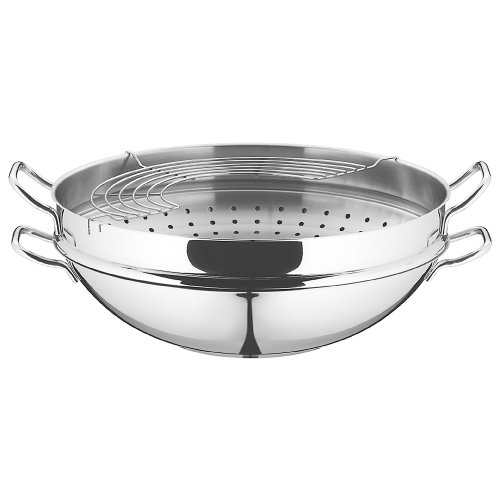 WMF Gourmet Plus Wok con Tapa de Cristal (4 Piezas), Acero Inoxidable Pulido, 36 cm