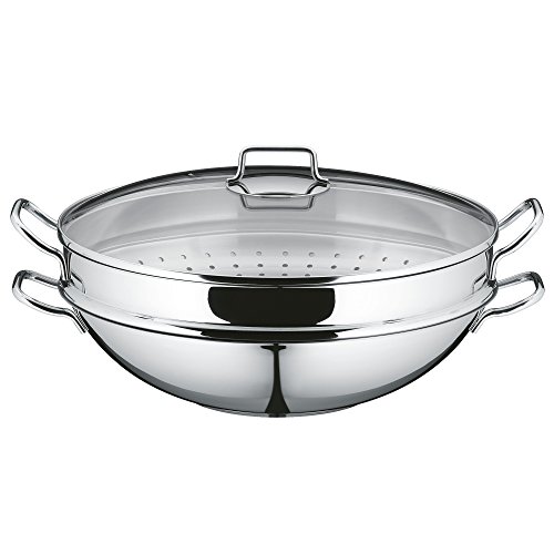 WMF Gourmet Plus Wok con Tapa de Cristal (4 Piezas), Acero Inoxidable Pulido, 36 cm