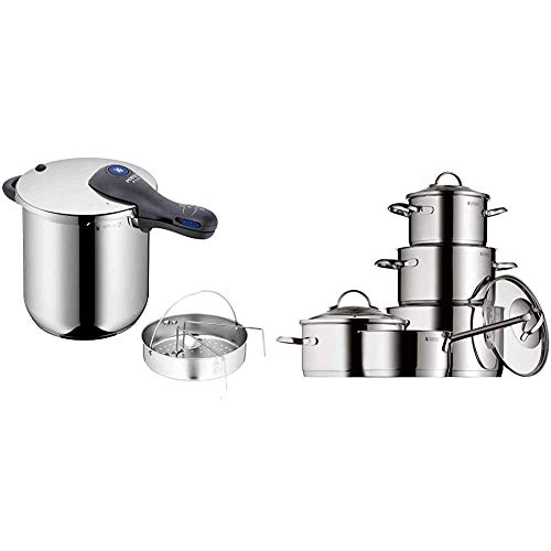 WMF Perfect Plus - Olla Rápida, Acero Inoxidable Pulido, 8,5L, 22 cm + Provence Plus - Batería de Cocina, Acero Inoxidable Cromargan, Tapas de Cristal, Apta para Todo Tipo de Cocinas, 5 Piezas