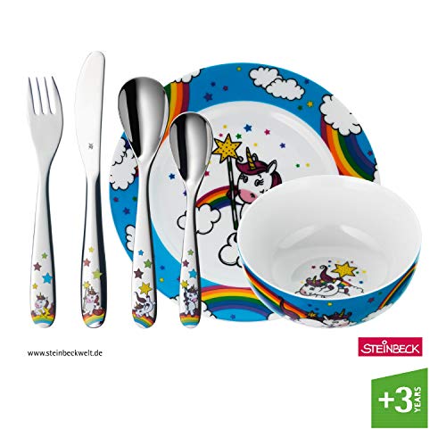 WMF Unicornio - Vajilla para niños 6 piezas, incluye plato, cuenco y cubertería (tenedor, cuchillo de mesa, cuchara y cuchara pequeña) Kids infantil