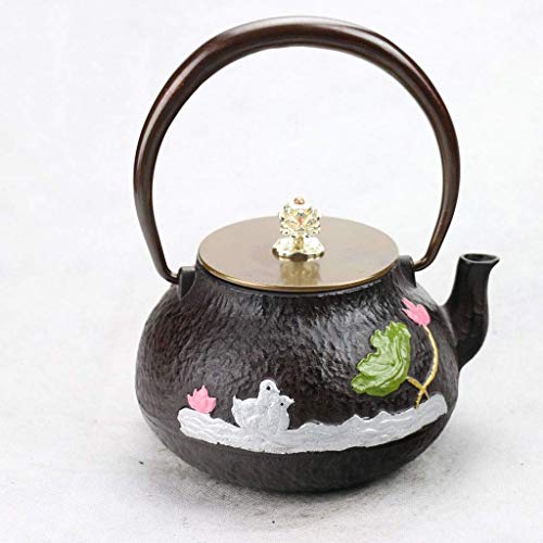 WOHAO Infusor Tetera de cerámica 1.0L de Estilo japonés Tetera de Hierro Fundido Retro Caldera de té Conjunto de Fondo Plano de carbón de leña Estufa de Inducción mandarín Pato Patrón