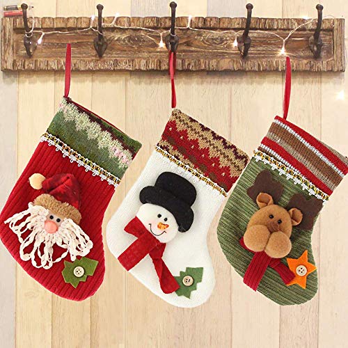 Wohlstand Juego de 3 Calcetines de Navidad Regalode Decoración Bordado,Santa Claus,Muñeco de Nieve,y Alce Bolsa,Mini Botas Bolsillo Calcetín de Tartán de Felpa Roja Para Presenta la Colgante del árbol