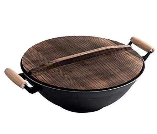 Wok De Hierro Hecho A Mano Woks Sin Recubrimiento Ollas De Cocina Wok De Hierro Antiadherente Vivo Sin Humo De Aceite Wok Casero De Olla De Hierro Antiguo Con Tapa De Madera,32CM