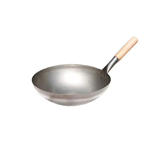 Wok original chino con mango de madera, acero, diámetro 33 x 9 cm, base redonda (wok, wok chino, wok de acero, wok asiático)