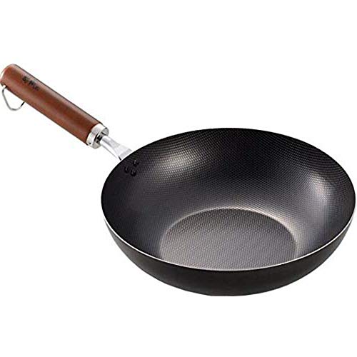 Wok Wok japonés con mango de madera con sopa de hierro y bambú cuchara Espátula, 26cm de fondo plano baja emisión de humo sartén antiadherente, por fuego directo Estufa Fogón de gas