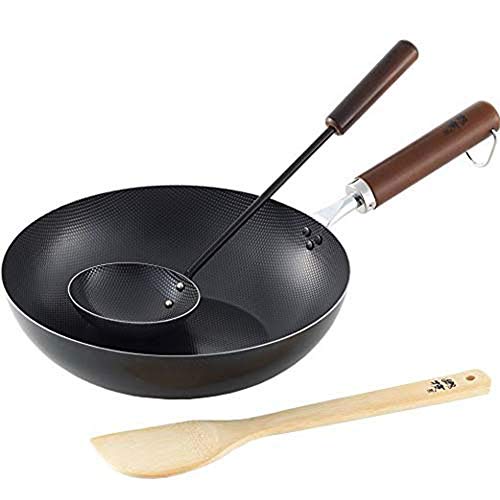 Wok Wok japonés con mango de madera con sopa de hierro y bambú cuchara Espátula, 26cm de fondo plano baja emisión de humo sartén antiadherente, por fuego directo Estufa Fogón de gas