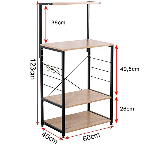 WOLTU Estante de Cocina Estante de Microondas Estante Metálico de Madera y Acero con 3 estantes 60x40x123cm, Blanco + Roble Claro RGB9285hei-c