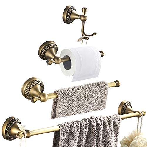 WOMAO Accesorios de baño Antiguos Conjuntos 4 Piezas Robe Gancho Toalla Anillo Toalla Barra Papel higiénico Soporte, Todo en construcción de latón Montado en la Pared Estilo Retro con Tallas