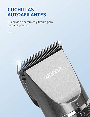 WONER Cortapelos Profesional Hombre Recargable Motor Silencioso Cuchilla Cerámica, Máquina Cortar Pelo Inalámbrico Batería 2000mAh, Recortador Pelo Barba Kit Familia