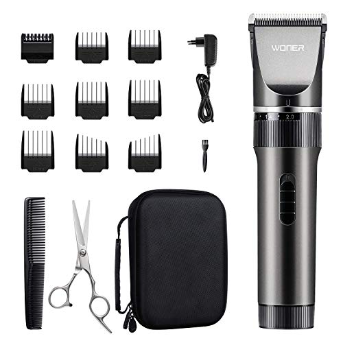 WONER Cortapelos Profesional Hombre Recargable Motor Silencioso Cuchilla Cerámica, Máquina Cortar Pelo Inalámbrico Batería 2000mAh, Recortador Pelo Barba Kit Familia