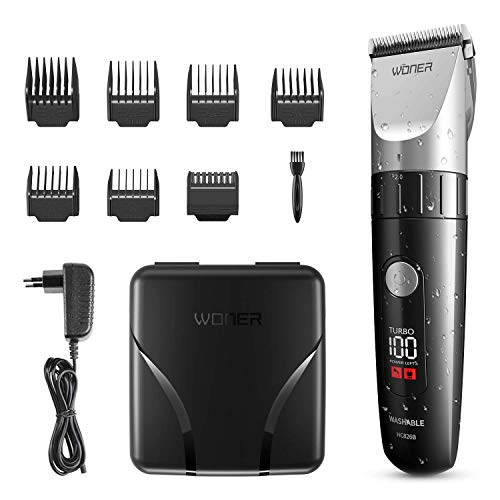 WONER Maquina Cortar Pelo Hombre 2 Velocidades Pantalla LED Recargable Inalámbrica Impermeable Profesional Cuchillas de Precisión Batería 2000mAh, Recortadora de Pelo Barba Negro