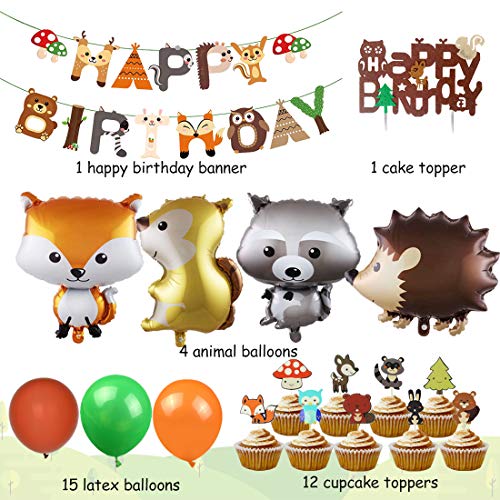 Woodland Decoraciones para fiestas Woodland Creatures Happy Birthday Banner Cake Toppers Animal Foil Globos para cumpleaños Baby Show Party Supplies