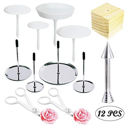 Woohome 12 Pz Nails Cake Flower, Pastel de Uñas de Flores Decoracion, Tijeras de Flores de Plástico y Soporte de Madera, Dispensadores de Pastel de Glaseado para pasteles, decoración de bizcochos