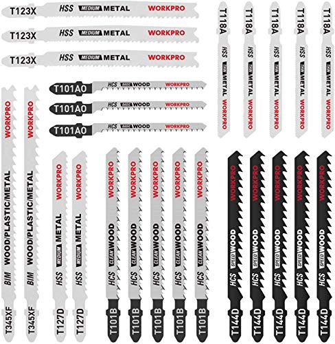 WORKPRO 25PCS-Juego de Hojas de Sierra de Calar, Vástago en T con Estuche de Almacenamiento, Fabricado con HCS/HSS/BIM, Cuchillas Surtidas para Corte de Madera, Plástico y Metal