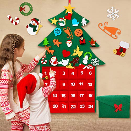 WOSTOO Árbol de Navidad de Fieltro,DIY Fieltro Árbol de Navidad Bolsillo de Calendario Árbol de Navidad con 29 Adornos Desmontables Niños