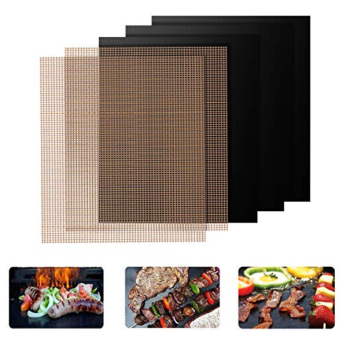 WOTEK Estera De Parrilla Antiadherente Barbacoa, 3+2 Alfombrillas De Barbacoa Grill, Esterillas Reutilizables Para Barbacoas De Carbon, Barbacoa Eléctrica, Horno, Asado, BBQ 33×40 cm