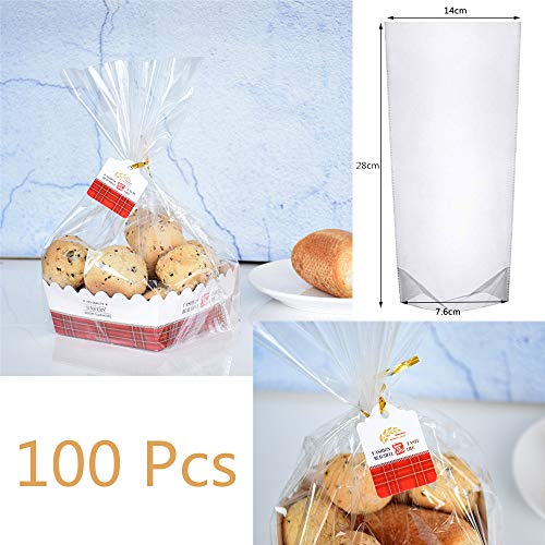 WOWOSS 100Pcs Bolsas de Celofán Transparentes Bolsas OPP Bolsas de Plástico de Caramelos para Galletas, Panadería, Dulces, Regalos (28 x 14 x 7.6 cm)