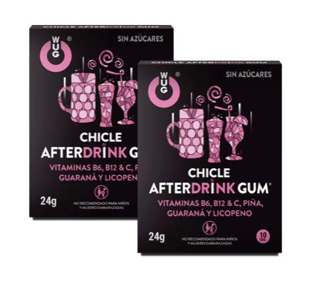 WUG CHICLE AFTERDRINK GUM - Complemento Alimenticio Antirresaca, Sabor Frutos Rojos, Pack 2 cajas (2 x 10 uds)