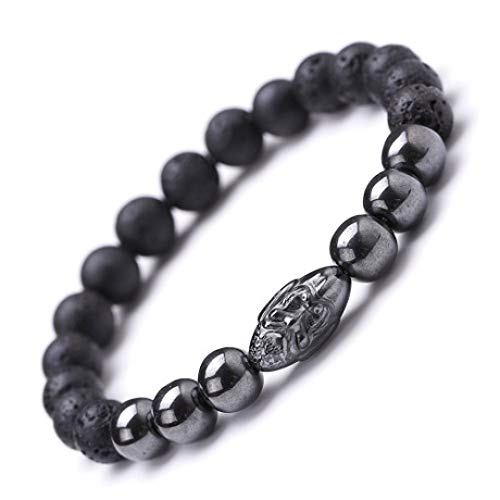 Wuligeya Pulsera de Piedra Natural, Mineral de Hierro Negro Cabeza de Buda Pulsera Cruzada Piedra volcánica Cabeza de león Pulsera